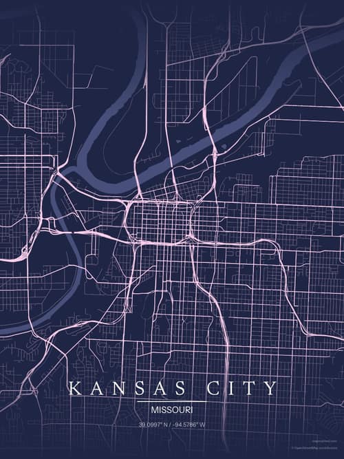Kansas City map art print in Orchid Night — minimalist city map poster