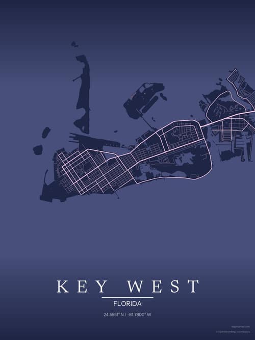 Key West map art print in Orchid Night — minimalist city map poster