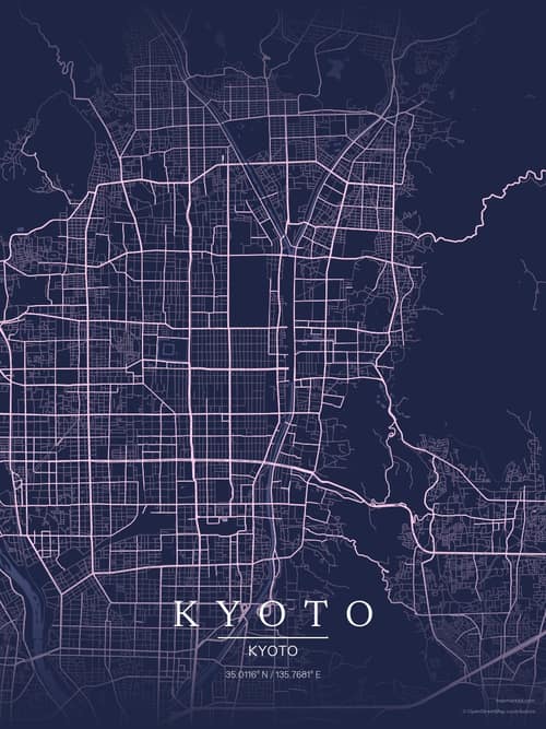 Kyoto map art print in Orchid Night — minimalist city map poster