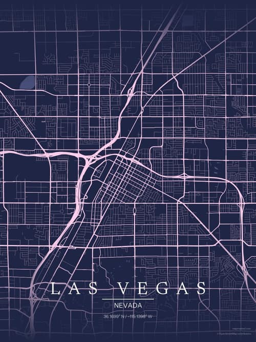Las Vegas map art print in Orchid Night — minimalist city map poster