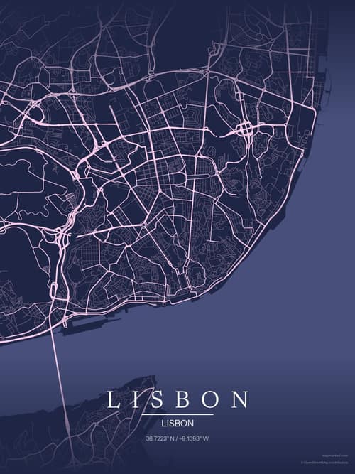 Lisbon map art print in Orchid Night — minimalist city map poster