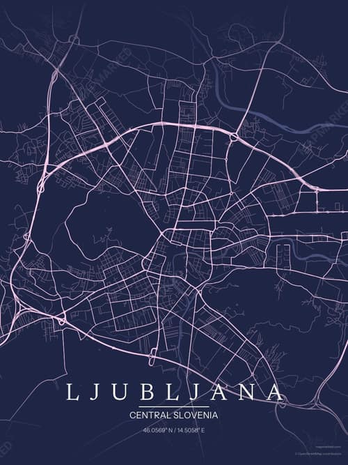 Ljubljana map art print in Orchid Night — minimalist city map poster