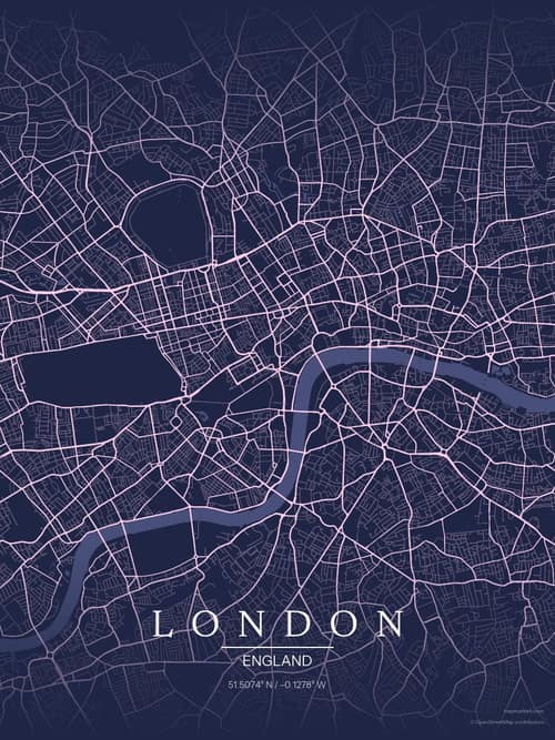 London map art print in Orchid Night — minimalist city map poster