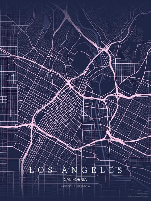 Los Angeles map art print in Orchid Night — minimalist city map poster