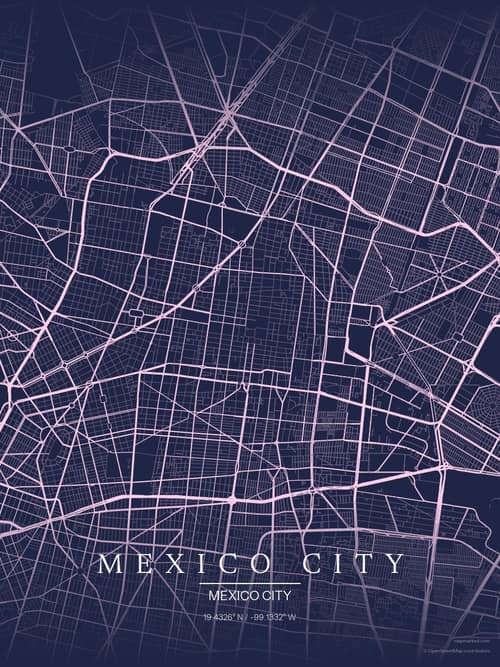 Mexico City map art print in Orchid Night — minimalist city map poster