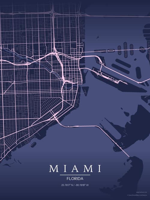 Miami map art print in Orchid Night — minimalist city map poster