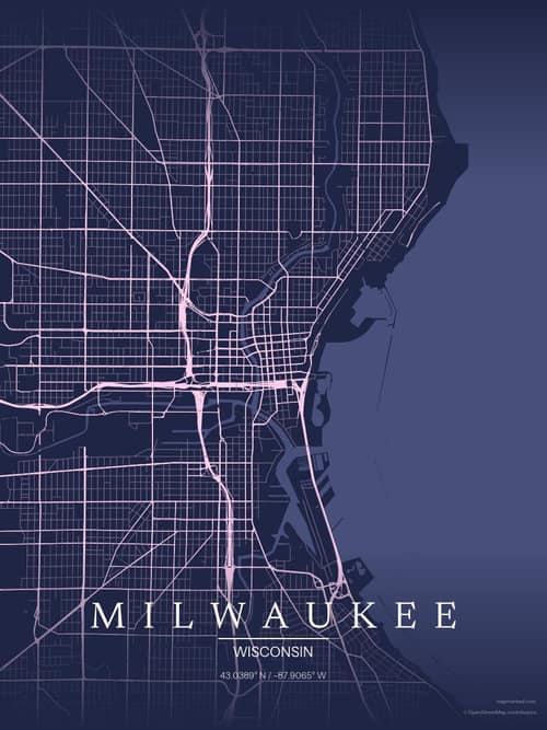 Milwaukee map art print in Orchid Night — minimalist city map poster