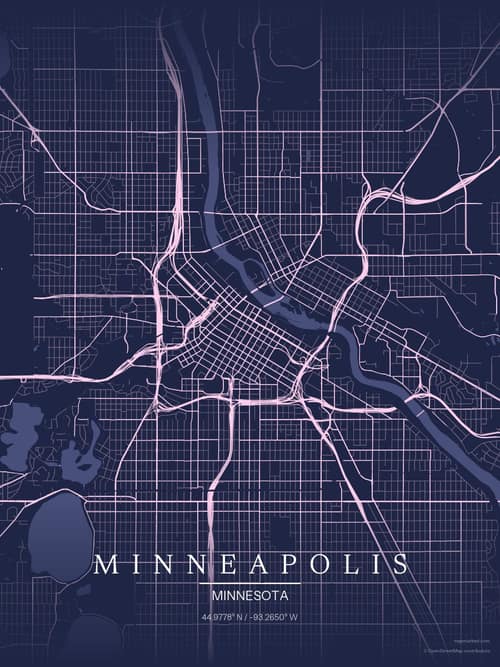 Minneapolis map art print in Orchid Night — minimalist city map poster