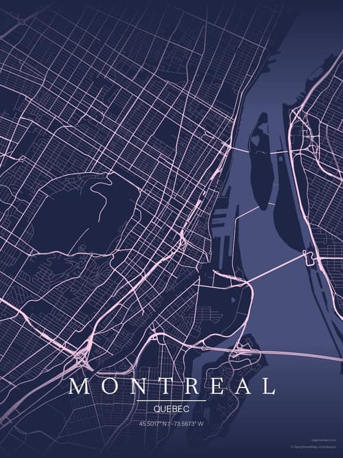 Montreal map art print in Orchid Night — minimalist city map poster