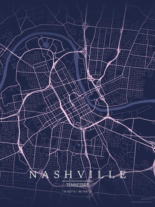 Nashville map art print in Orchid Night — minimalist city map poster