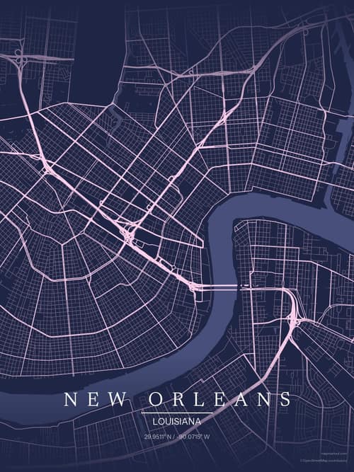 New Orleans map art print in Orchid Night — minimalist city map poster