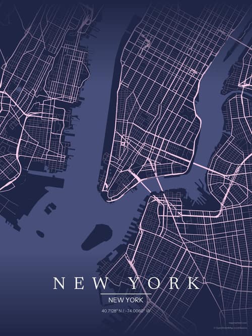 New York map art print in Orchid Night — minimalist city map poster