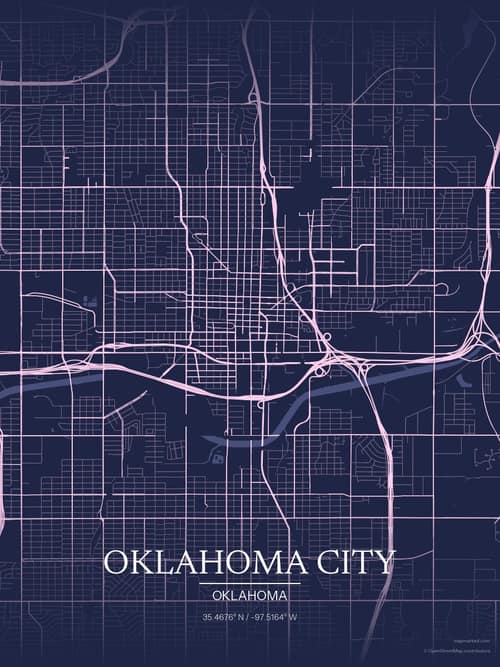 Oklahoma City map art print in Orchid Night — minimalist city map poster