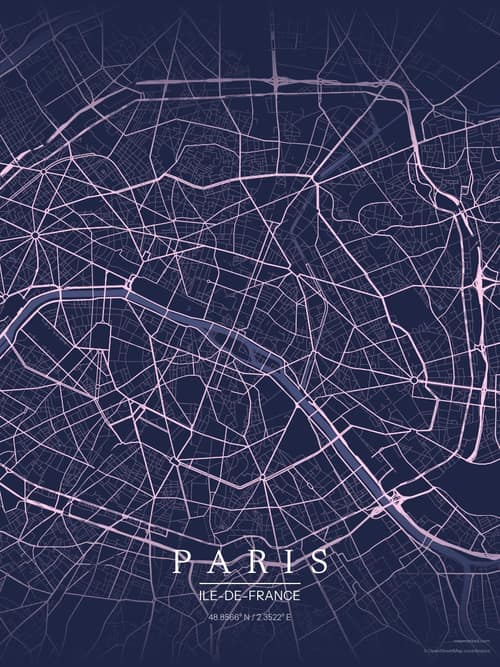 Paris map art print in Orchid Night — minimalist city map poster