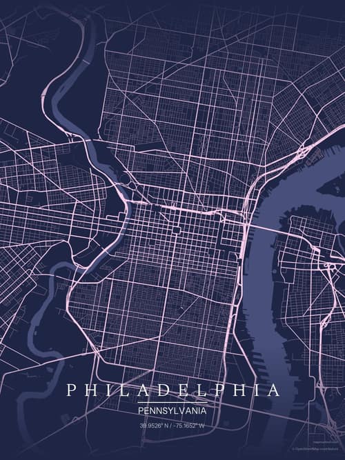 Philadelphia map art print in Orchid Night — minimalist city map poster