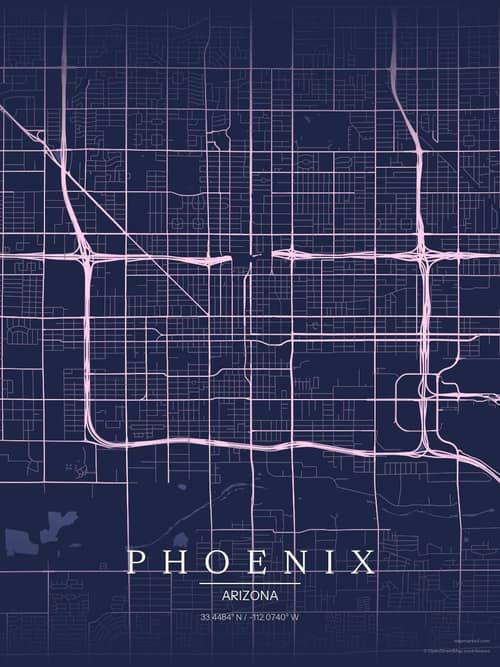 Phoenix map art print in Orchid Night — minimalist city map poster