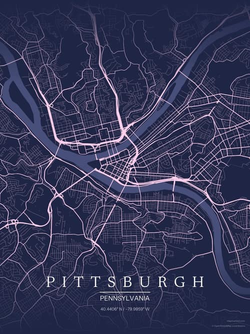 Pittsburgh map art print in Orchid Night — minimalist city map poster