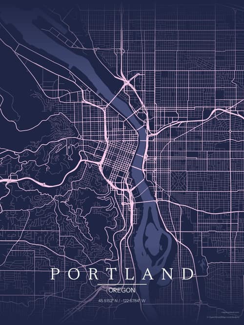 Portland map art print in Orchid Night — minimalist city map poster