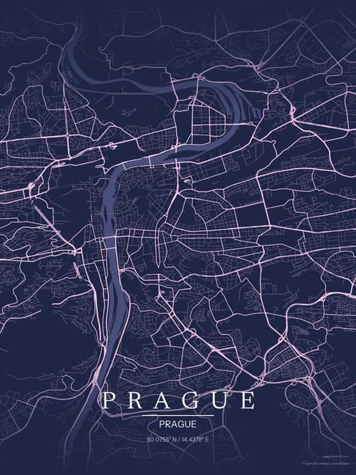 Prague map art print in Orchid Night — minimalist city map poster