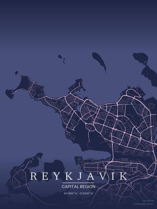 Reykjavik map art print in Orchid Night — minimalist city map poster