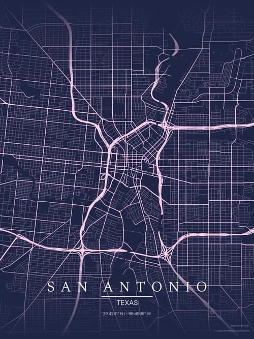 San Antonio map art print in Orchid Night — minimalist city map poster