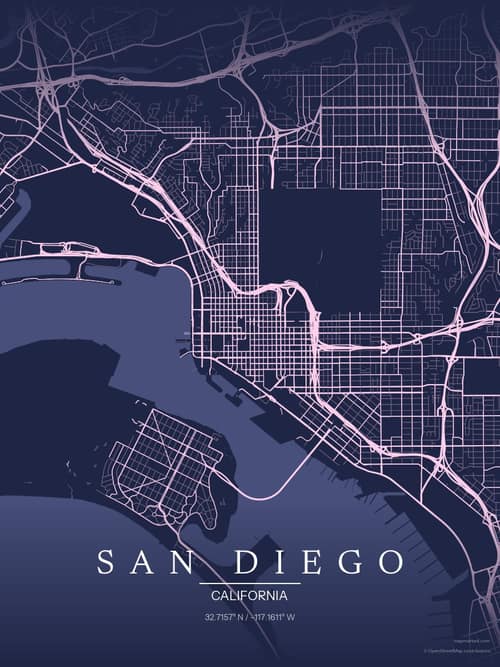 San Diego map art print in Orchid Night — minimalist city map poster
