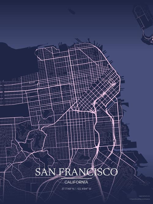 San Francisco map art print in Orchid Night — minimalist city map poster