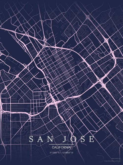 San Jose map art print in Orchid Night — minimalist city map poster
