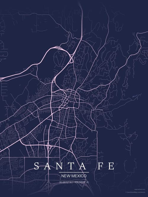 Santa Fe map art print in Orchid Night — minimalist city map poster