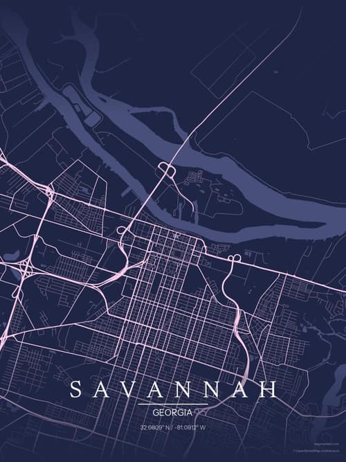 Savannah map art print in Orchid Night — minimalist city map poster