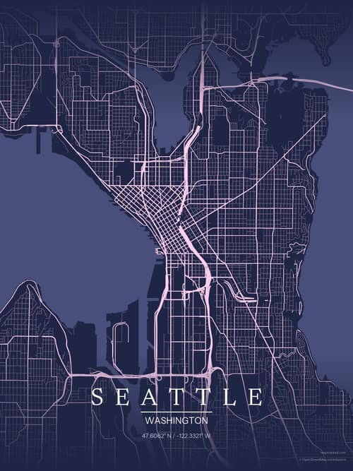 Seattle map art print in Orchid Night — minimalist city map poster