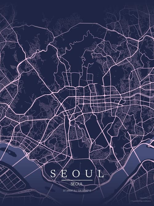 Seoul map art print in Orchid Night — minimalist city map poster