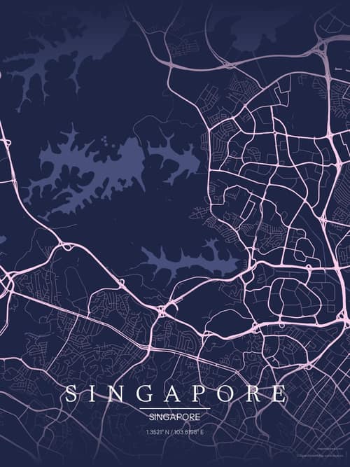 Singapore map art print in Orchid Night — minimalist city map poster