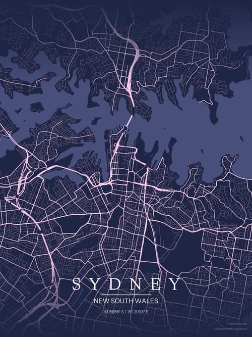 Sydney map art print in Orchid Night — minimalist city map poster