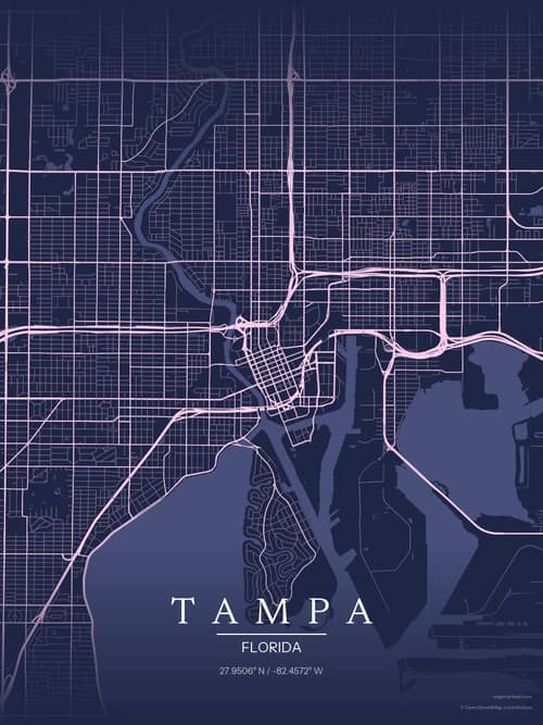 Tampa map art print in Orchid Night — minimalist city map poster