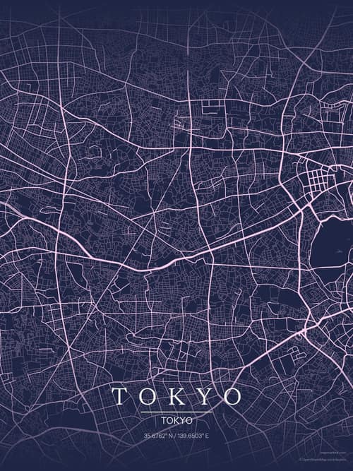 Tokyo map art print in Orchid Night — minimalist city map poster