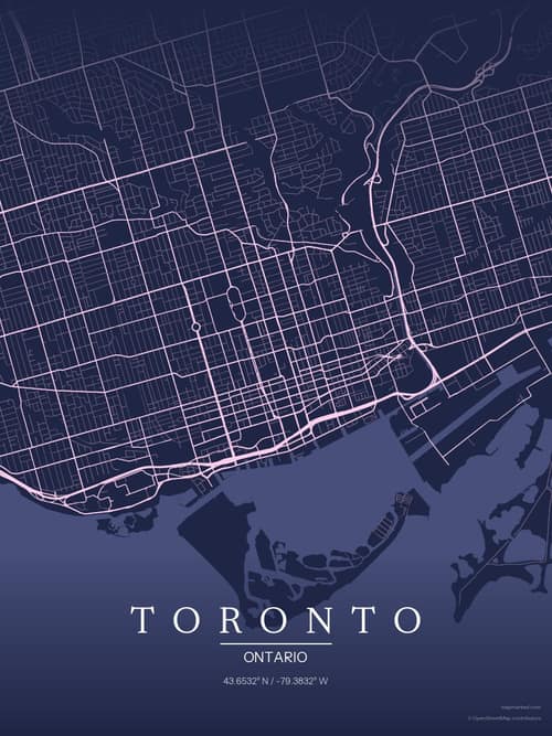 Toronto map art print in Orchid Night — minimalist city map poster