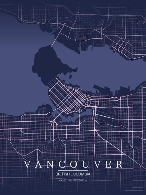Vancouver map art print in Orchid Night — minimalist city map poster