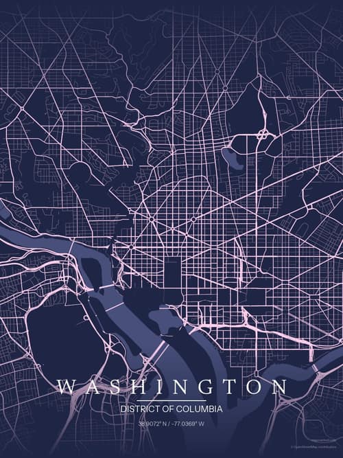 Washington map art print in Orchid Night — minimalist city map poster