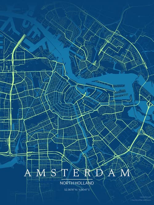 Amsterdam map art print in Citrus Deep Sea — minimalist city map poster