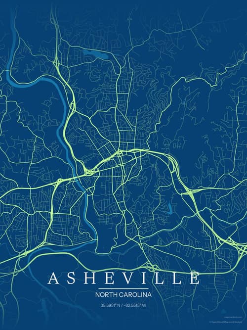 Asheville map art print in Citrus Deep Sea — minimalist city map poster