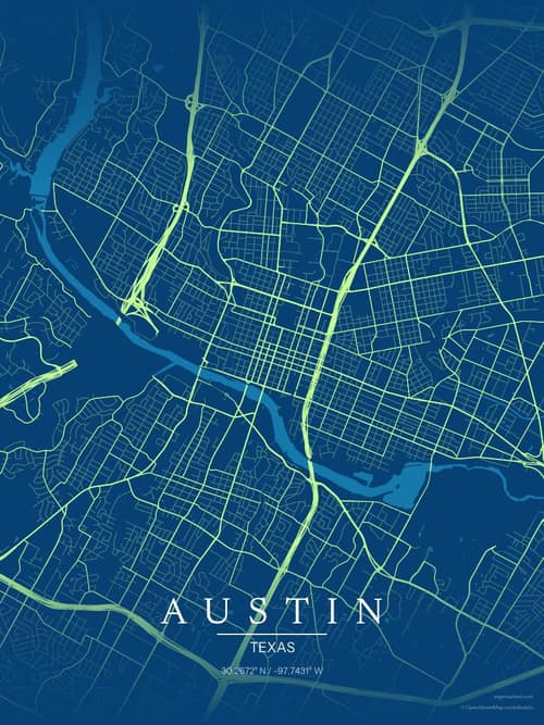 Austin map art print in Citrus Deep Sea — minimalist city map poster