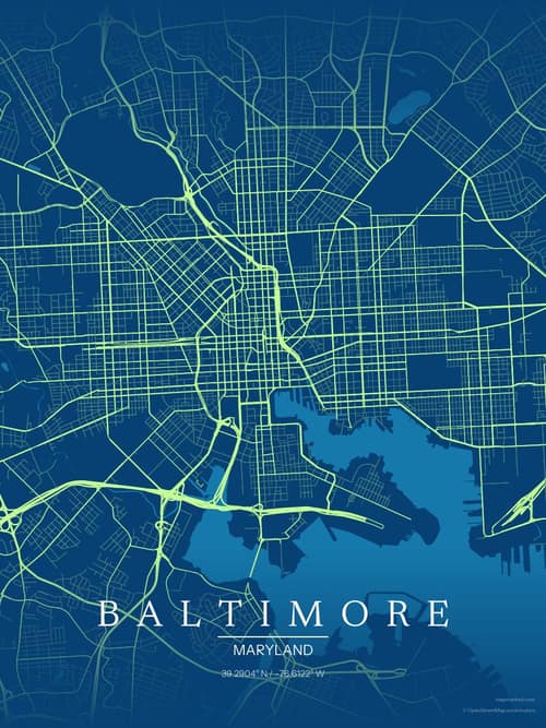 Baltimore map art print in Citrus Deep Sea — minimalist city map poster