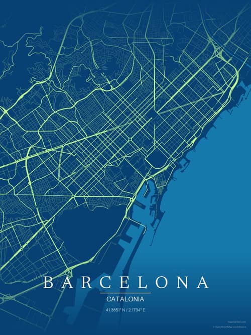 Barcelona map art print in Citrus Deep Sea — minimalist city map poster