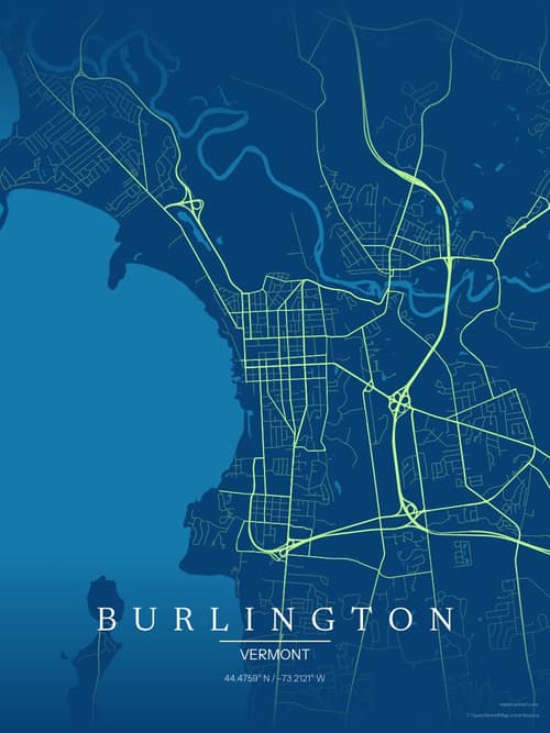 Burlington map art print in Citrus Deep Sea — minimalist city map poster