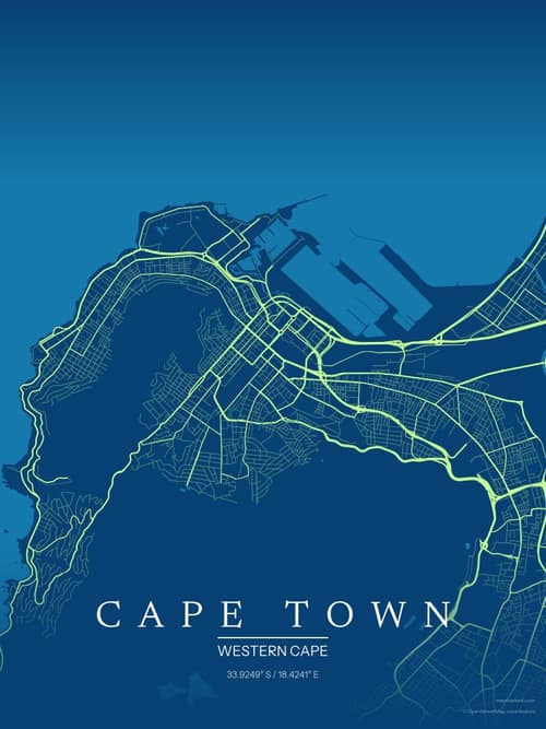 Cape Town map art print in Citrus Deep Sea — minimalist city map poster