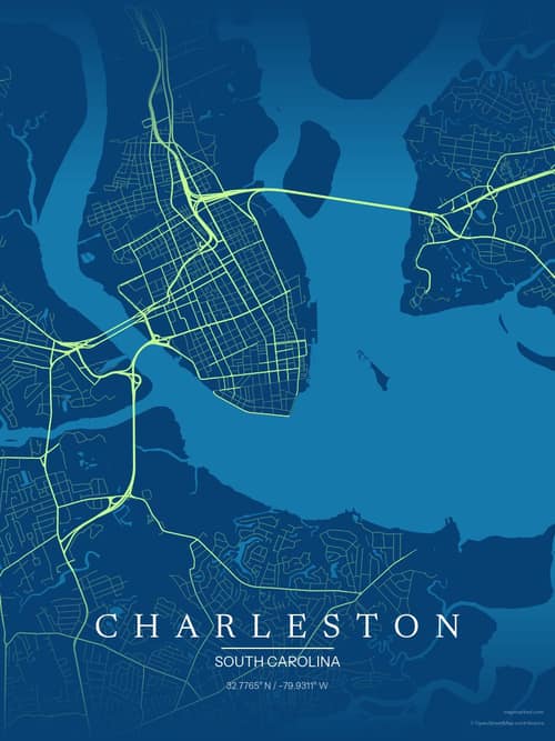 Charleston map art print in Citrus Deep Sea — minimalist city map poster