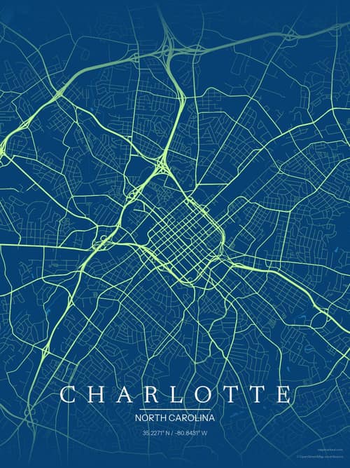 Charlotte map art print in Citrus Deep Sea — minimalist city map poster