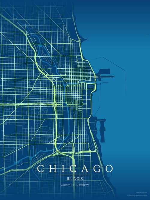 Chicago map art print in Citrus Deep Sea — minimalist city map poster