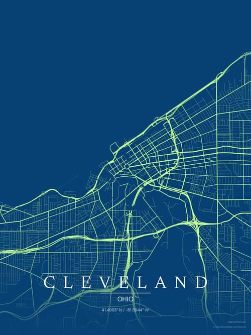 Cleveland map art print in Citrus Deep Sea — minimalist city map poster